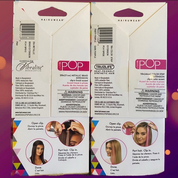 2 NEW Purple Clip-In Hair Extensions w/ 18” Color Strip & 20” Metallic Braid Duo - Picture 4 of 4